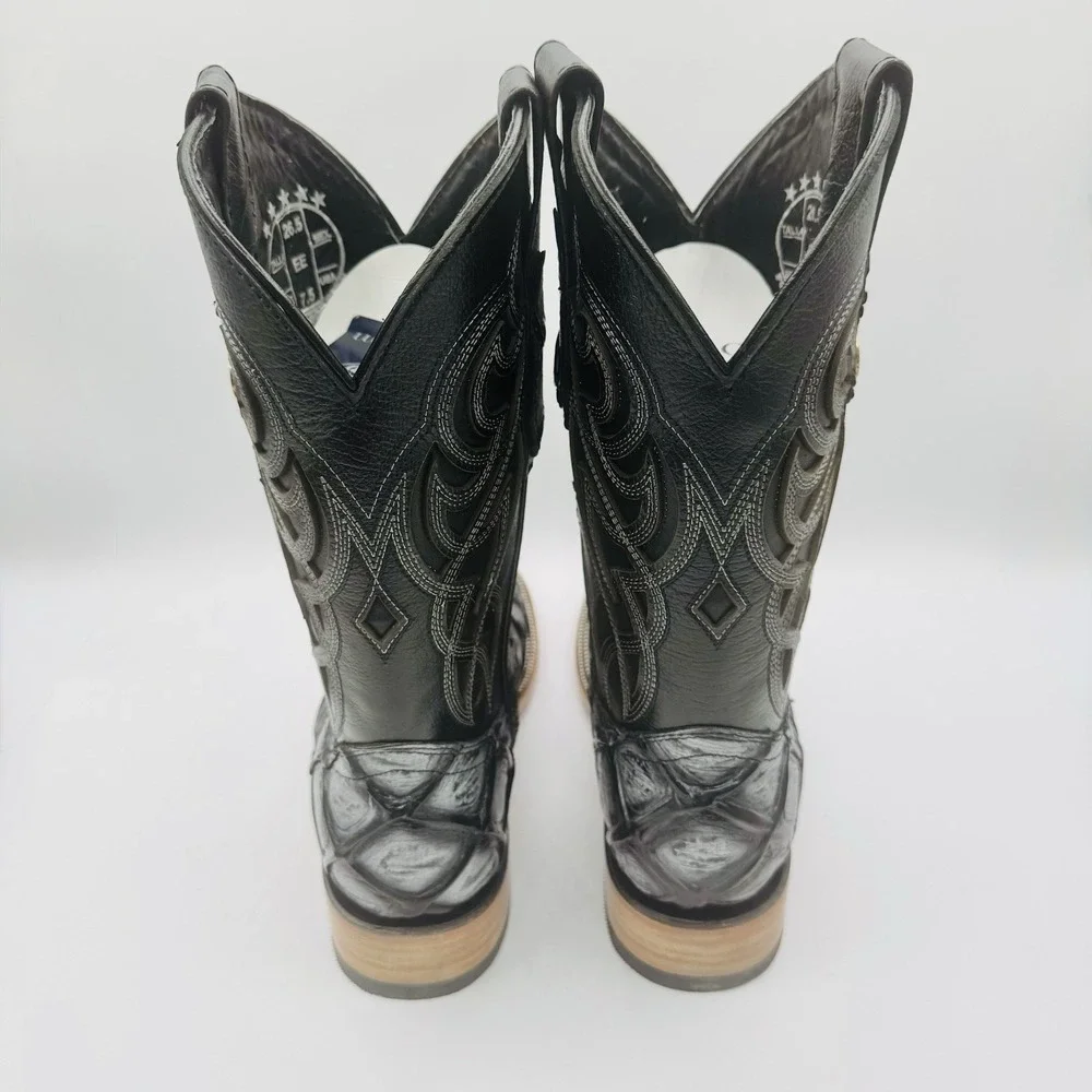 Rock'em Big Bass Print Boots Men's Size 7.5 EE‎ Black Leather  Square Toe